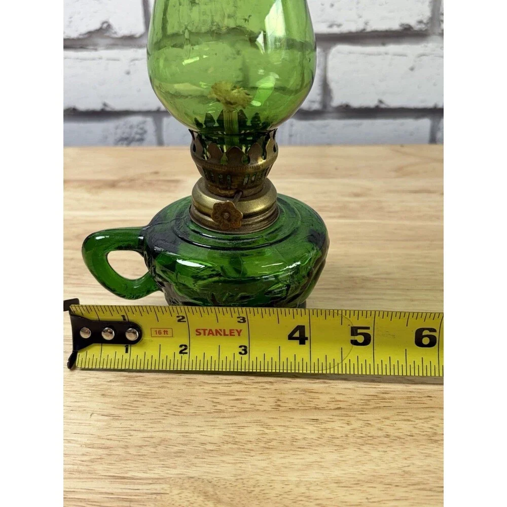 Vintage MINIATURE GREEN FINGER OIL LAMP W/EMBOSSED FRUIT PATTERN HONG KONG 8”